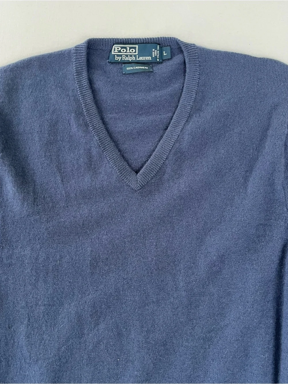 POLO Ralph Lauren Vintage Men Navy V-Neck 100% Cashmere Sweater Old Money Luxury